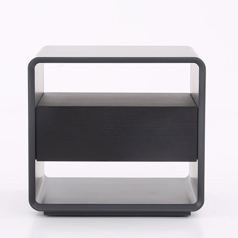 Modern Minimalist Black Lacquer Bedside Table: Wood Veneer Single Drawer - Elegant Open Cubby Storage Nightstand For Bedroom Lumendat