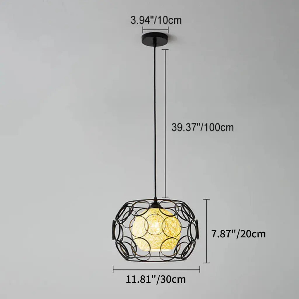 Modern Minimalist Weaving Hemp Ball Iron Drum 1-light Pendant Light for Living Room BulbSquare