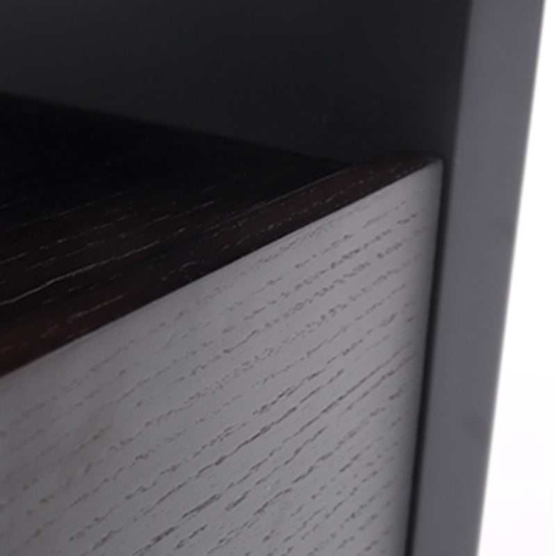 Modern Minimalist Black Lacquer Bedside Table: Wood Veneer Single Drawer - Elegant Open Cubby Storage Nightstand For Bedroom Lumendat