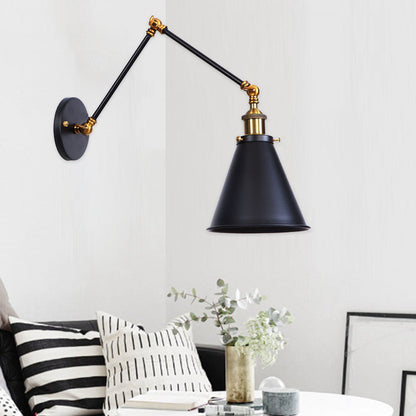 Industrial Vintage Iron Cone Swing Arm 1-Light Wall Sconce Lamp