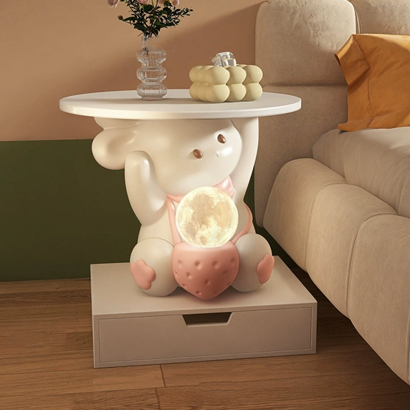 Lumendat Modern Art Deco Kids Rabbit Round Plate Rectangular Drawer Resin Wood Enamel End Table 1-Drawer With LED Light For Bedroom Lumendat
